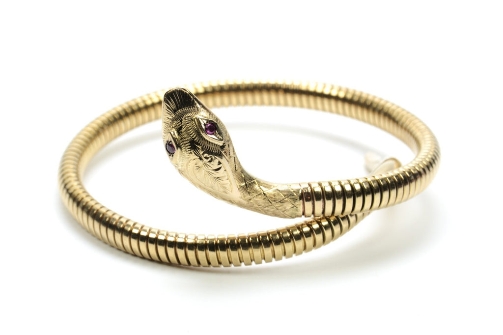 9ct Yellow Gold Sprung Ruby Eye Snake Bracelet – Adjustable Size – 22.30g - 1961