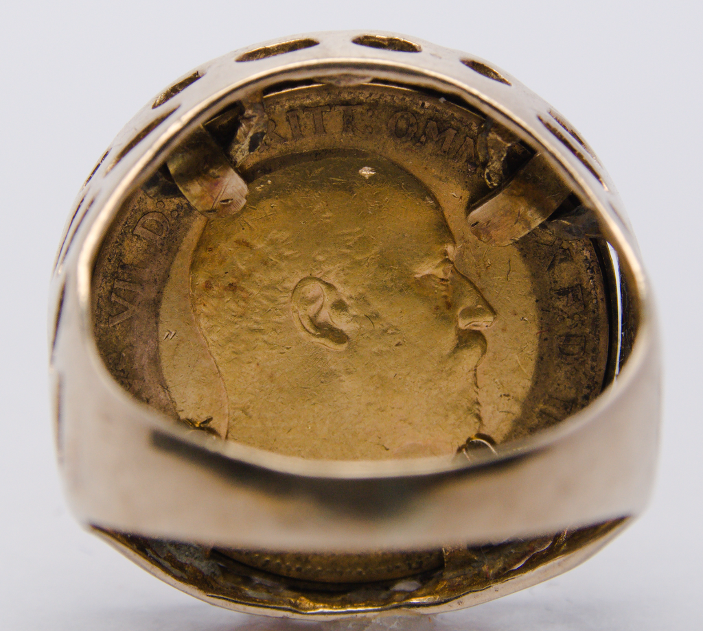1910 Gold Half Sovereign & 9ct Ring Mount - Size O - 7.67g