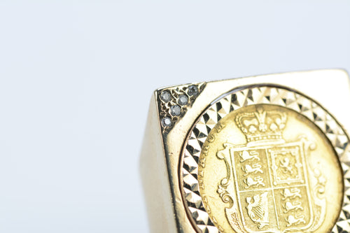 1849 Gold Half Sovereign Ring 9ct Mount - 5 CZ - Size M 1/2 - 12 Grams