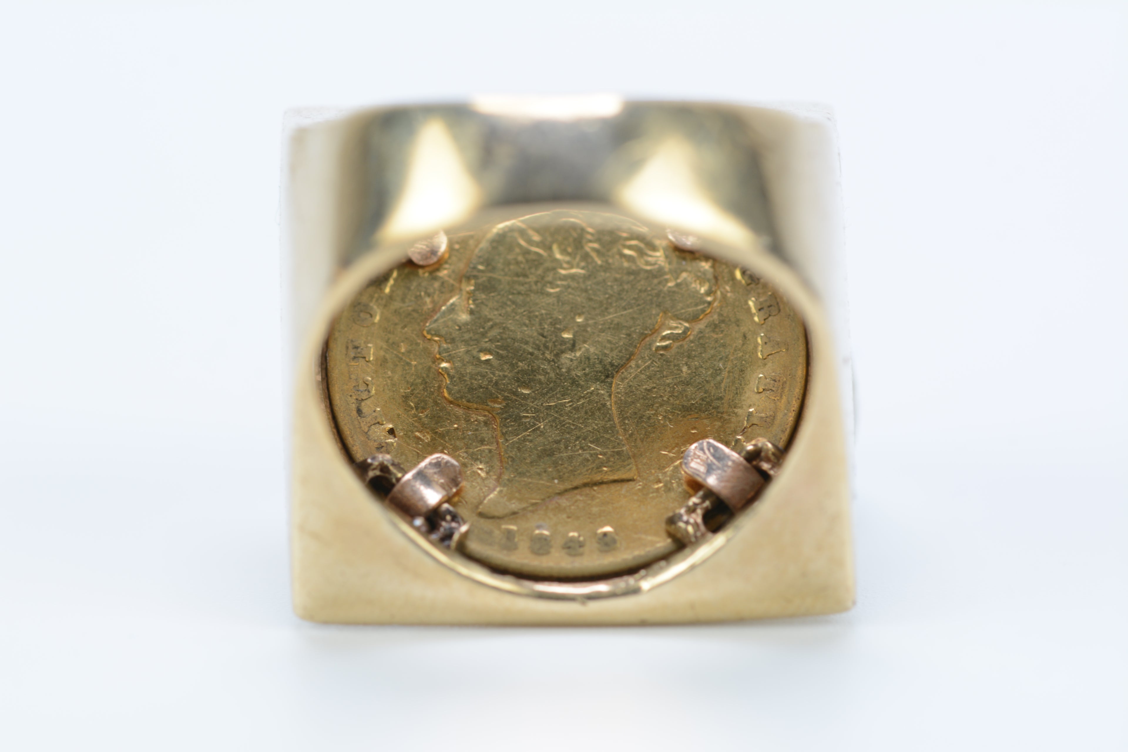 1849 Gold Half Sovereign Ring 9ct Mount - 5 CZ - Size M 1/2 - 12 Grams